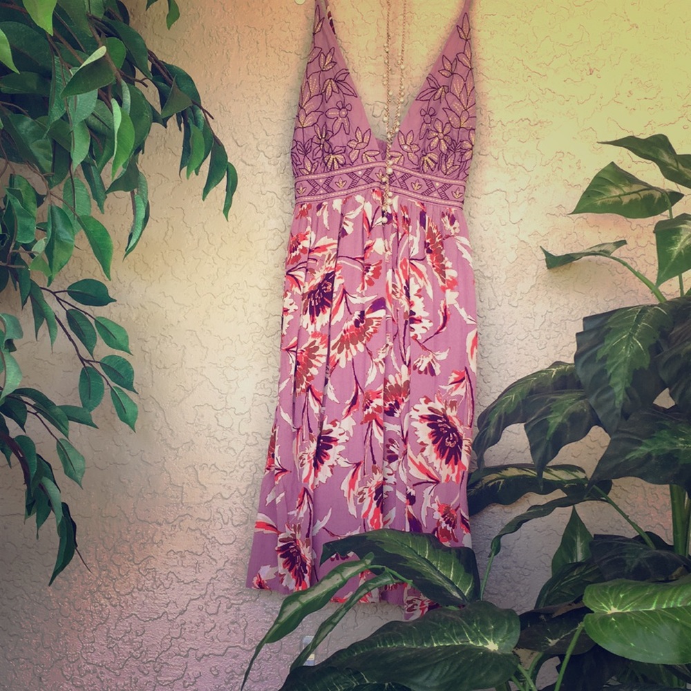 Beautiful orange tan and purple floral print dress